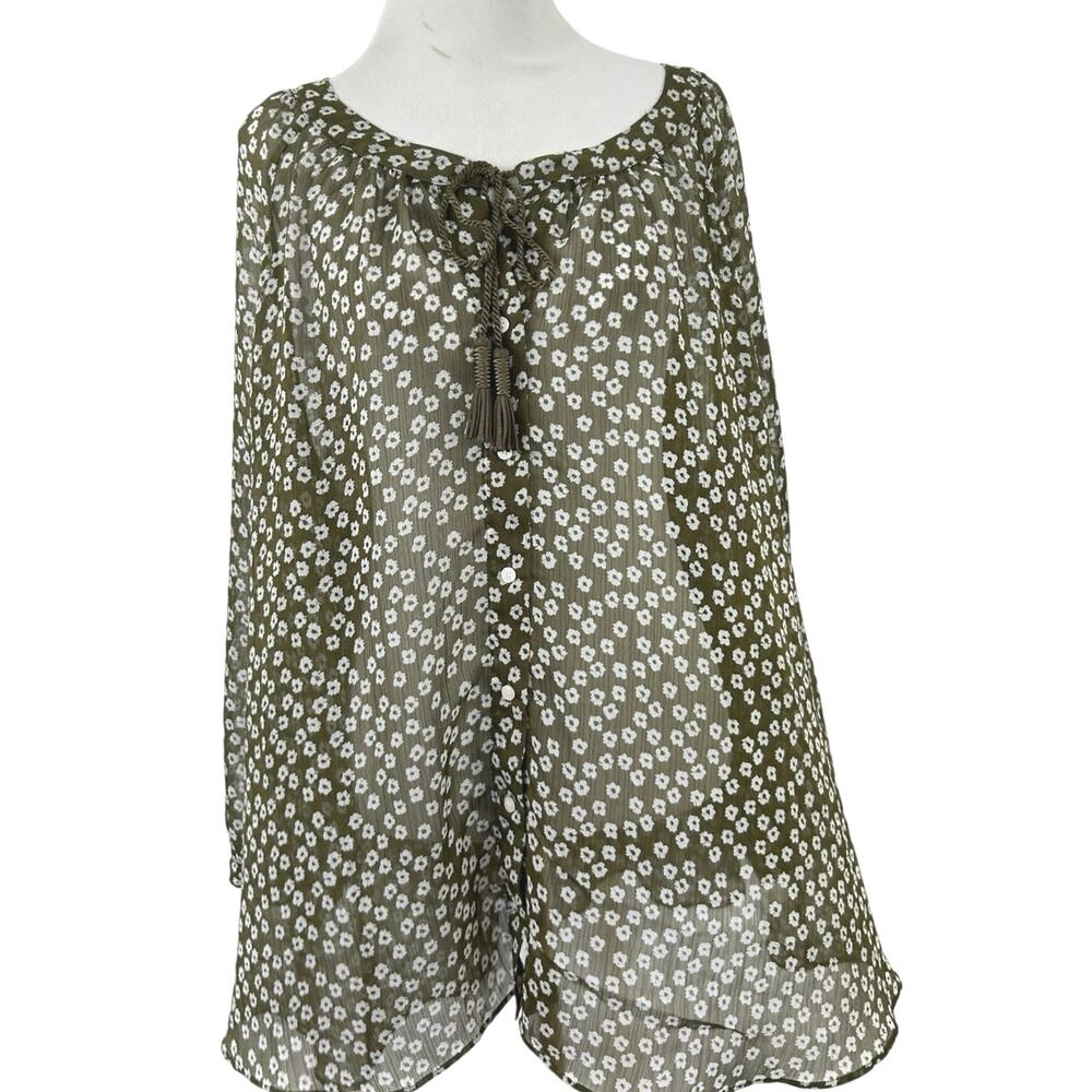 Lane Bryant Sheer Olive Green Floral Blouse 18/20 Tassel Tie Boho Peasant Top